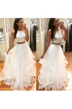 Beaded Two Pieces White Prom Formal Evening Party Dresses 3021211