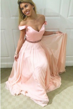 Long Pink Beaded Off-the-Shoulder Prom Formal Evening Party Dresses 3021214