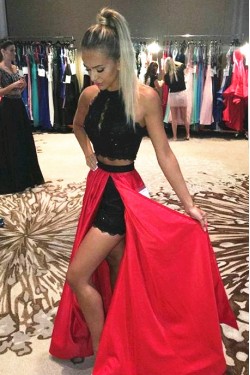 Black Red Two Pieces Lace Prom Formal Evening Party Dresses 3021217