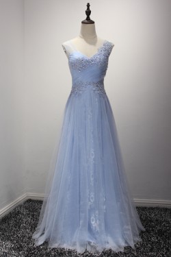 A-Line Long Blue Lace Prom Formal Evening Party Dresses 3021220