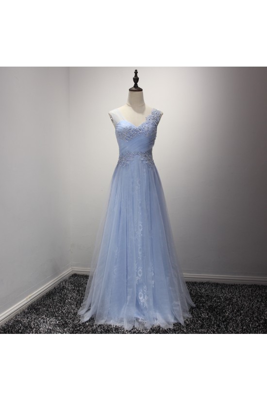 A-Line Long Blue Lace Prom Formal Evening Party Dresses 3021220
