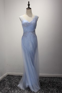 A-Line Long Blue Lace Prom Formal Evening Party Dresses 3021220