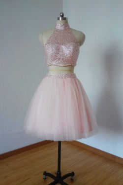 Beaded Two Pieces Short Pink Prom Evening Homecoming Cocktail Dresses 3020123