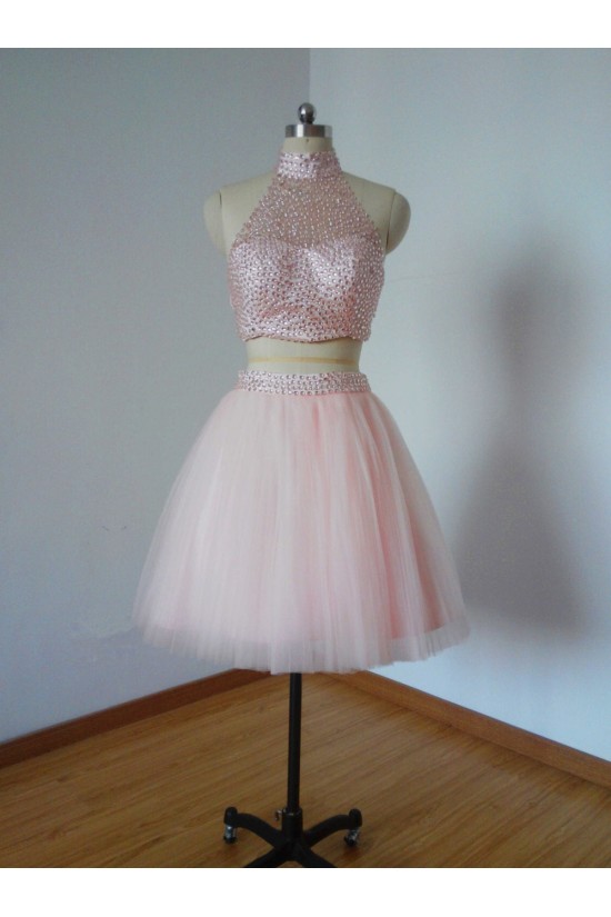 Beaded Two Pieces Short Pink Prom Evening Homecoming Cocktail Dresses 3020123