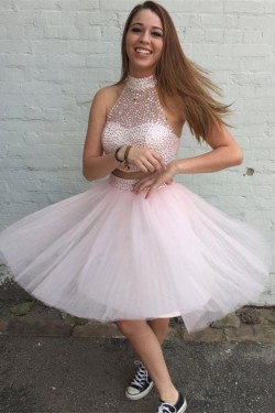 Beaded Two Pieces Short Pink Prom Evening Homecoming Cocktail Dresses 3020123