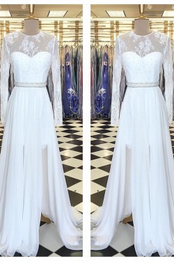 Long White Beaded Lace Chiffon Prom Formal Evening Party Dresses 3021230