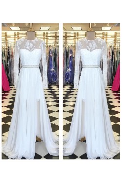 Long White Beaded Lace Chiffon Prom Formal Evening Party Dresses 3021230