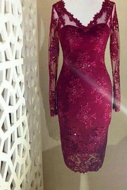 Long Sleeves V-Neck Knee-Length Formal Evening Mother of The Bride Dresses 3021234