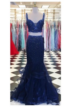 Beaded Two Pieces Navy Prom Formal Evening Party Dresses 3021235