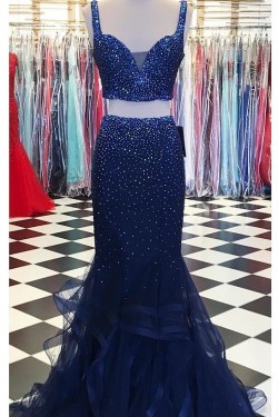 Beaded Two Pieces Navy Prom Formal Evening Party Dresses 3021235