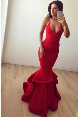 Mermaid V-Neck Long Red Prom Formal Evening Party Dresses 3021239
