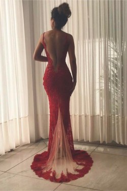 Sexy Deep V-Back Mermaid Lace Long Red Prom Formal Evening Party Dresses 3021240