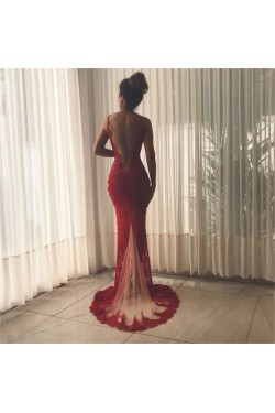 Sexy Deep V-Back Mermaid Lace Long Red Prom Formal Evening Party Dresses 3021240