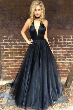 Long Black V-Neck Prom Formal Evening Party Dresses 3021242