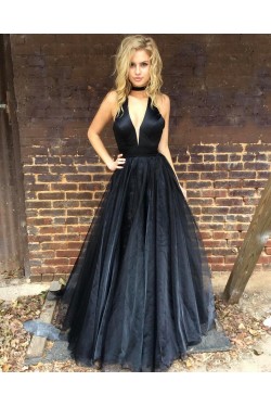 Long Black V-Neck Prom Formal Evening Party Dresses 3021242