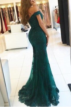 Mermaid Off-the-Shoulder Beaded Lace Appliques Long Prom Formal Evening Party Dresses 3021243
