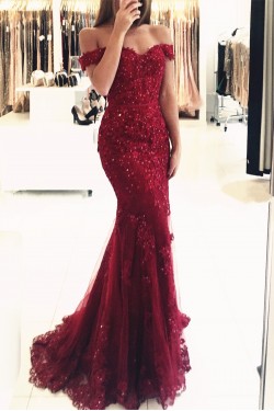 Mermaid Off-the-Shoulder Beaded Lace Appliques Long Prom Formal Evening Party Dresses 3021243