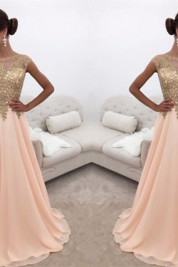 A-Line Gold Lace Appliques Chiffon Prom Formal Evening Party Dresses 3021244