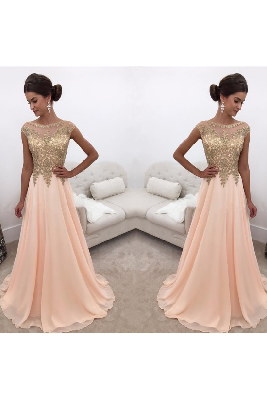 A-Line Gold Lace Appliques Chiffon Prom Formal Evening Party Dresses 3021244