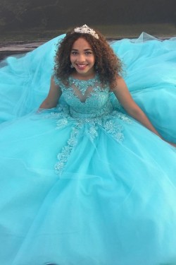 Ball Gown Lace Appliques Beaded Long Prom Formal Evening Party Dresses 3021250