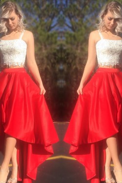 High Low Red White Lace Two Pieces Prom Formal Evening Party Dresses 3021251