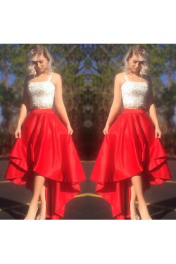 High Low Red White Lace Two Pieces Prom Formal Evening Party Dresses 3021251