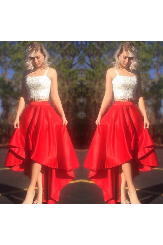 High Low Red White Lace Two Pieces Prom Formal Evening Party Dresses 3021251