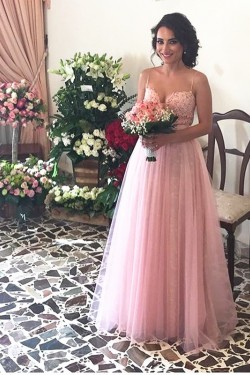 Long Pink Lace Tulle Spaghetti Straps Prom Formal Evening Party Dresses 3021255