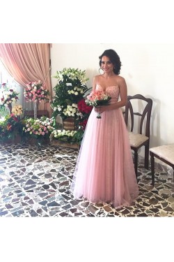 Long Pink Lace Tulle Spaghetti Straps Prom Formal Evening Party Dresses 3021255