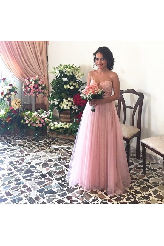 Long Pink Lace Tulle Spaghetti Straps Prom Formal Evening Party Dresses 3021255 Long Pink Lace Tulle Spaghetti Straps Prom Formal Evening Party Dresses 3021255