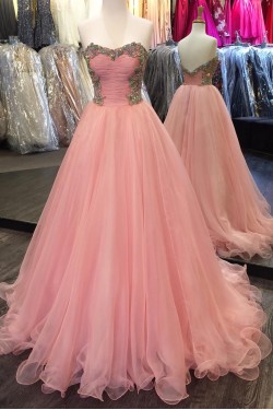 Beaded Long Pink Tulle Ball Gown Prom Formal Evening Party Dresses 3021260