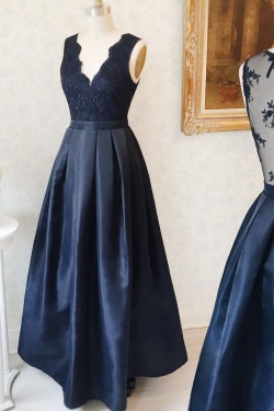 Long Blue V-Neck Lace Prom Formal Evening Party Dresses 3021266