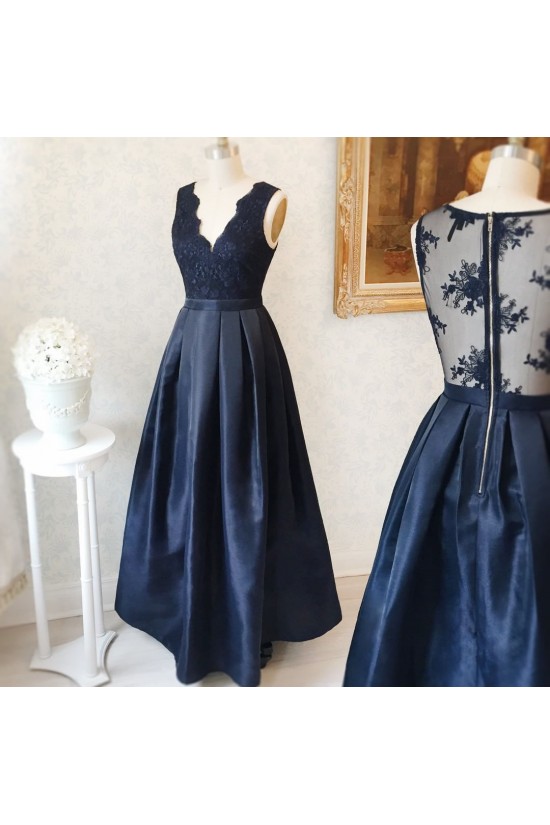 Long Blue V-Neck Lace Prom Formal Evening Party Dresses 3021266