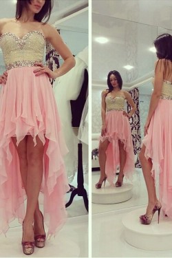 High Low Sweetheart Beaded Short Pink Chiffon Prom Evening Homecoming Cocktail Dresses 3020127