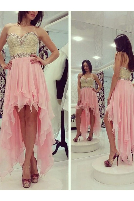High Low Sweetheart Beaded Short Pink Chiffon Prom Evening Homecoming Cocktail Dresses 3020127