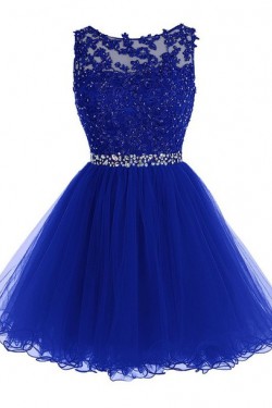 Beaded Short Royal Blue Lace Appliques Tulle Prom Evening Homecoming Cocktail Dresses 3020128