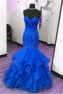 Mermaid Long Blue Lace Appliques Prom Formal Evening Party Dresses 3021284