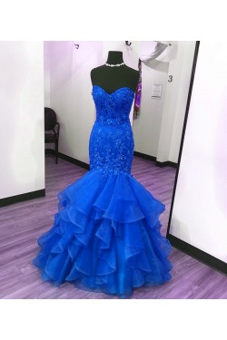 Mermaid Long Blue Lace Appliques Prom Formal Evening Party Dresses 3021284