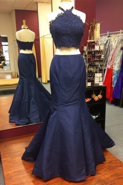 Mermaid Two Pieces Lace Navy Blue Prom Formal Evening Party Dresses 3021286