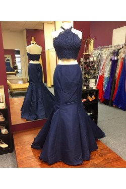 Mermaid Two Pieces Lace Navy Blue Prom Formal Evening Party Dresses 3021286