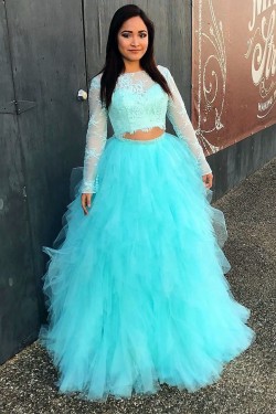 Two Pieces Long Sleeves Tulle Ball Gown Prom Formal Evening Party Dresses 3021289