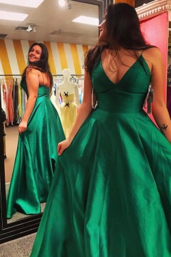 Long Green V-Neck Spaghetti Straps Prom Formal Evening Party Dresses 3021290