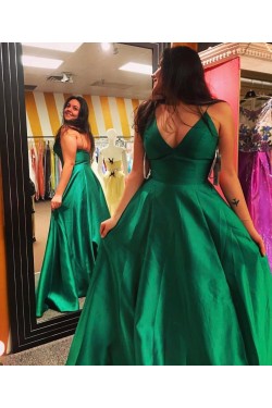 Long Green V-Neck Spaghetti Straps Prom Formal Evening Party Dresses 3021290
