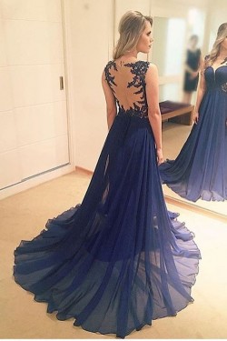 Long Blue Lace Chiffon Prom Formal Evening Party Dresses 3021305