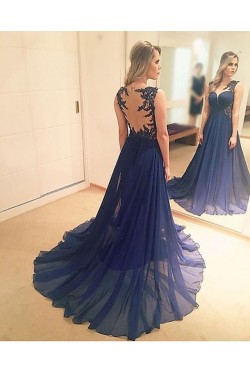 Long Blue Lace Chiffon Prom Formal Evening Party Dresses 3021305