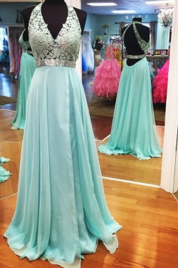 A-Line V-Neck Lace Chiffon Prom Formal Evening Party Dresses 3021306