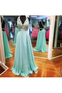 A-Line V-Neck Lace Chiffon Prom Formal Evening Party Dresses 3021306