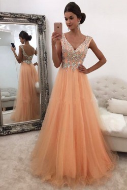 A-Line Beaded V-Neck Prom Formal Evening Party Dresses 3021307