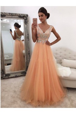 A-Line Beaded V-Neck Prom Formal Evening Party Dresses 3021307