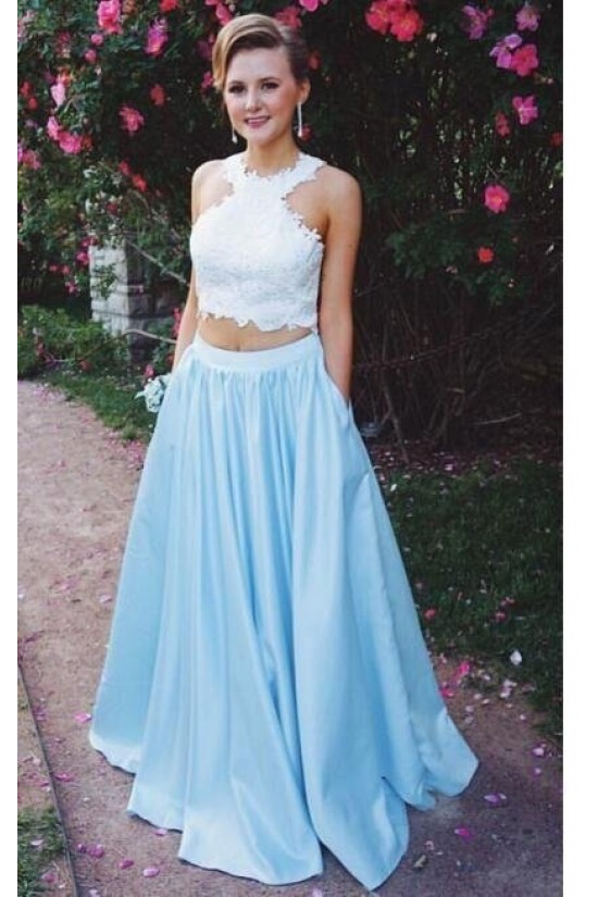 A-Line Two Pieces Lace Prom Formal Evening Party Dresses 3021308